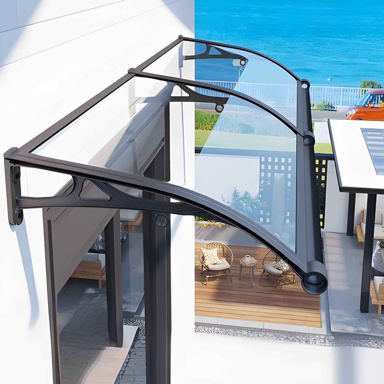 Mái hiên Canopy thông minh VINA lấy sáng cho cửa kính view biển