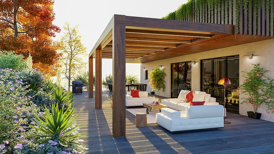 Mẫu thiết kế giàn hoa Pergola hiện đại bằng nhôm cho không gian sân vườn