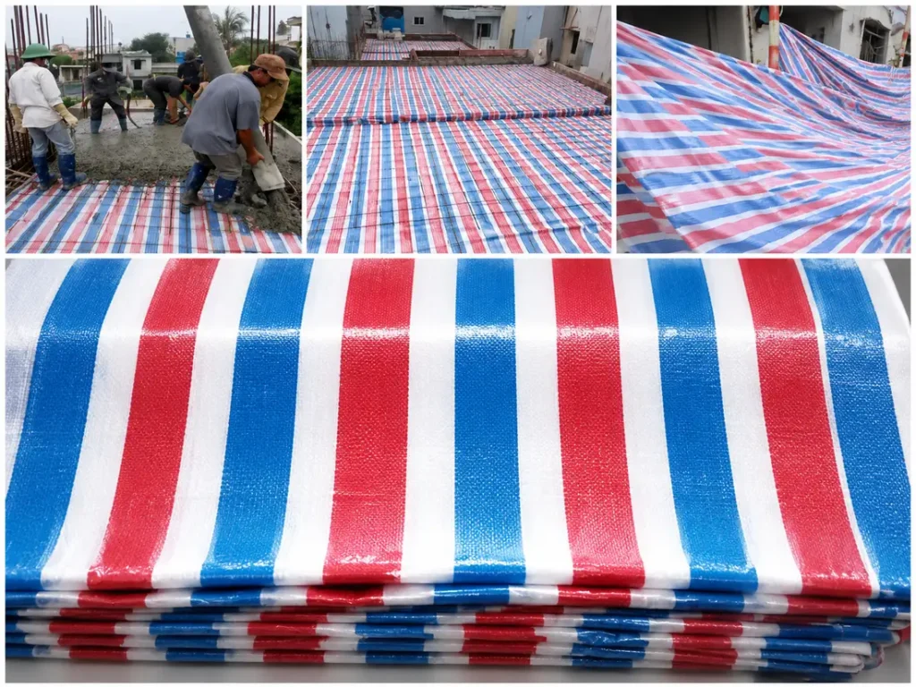 Bạt sọc 3 màu lót sàn trước khi đổ bê tông tại công trình