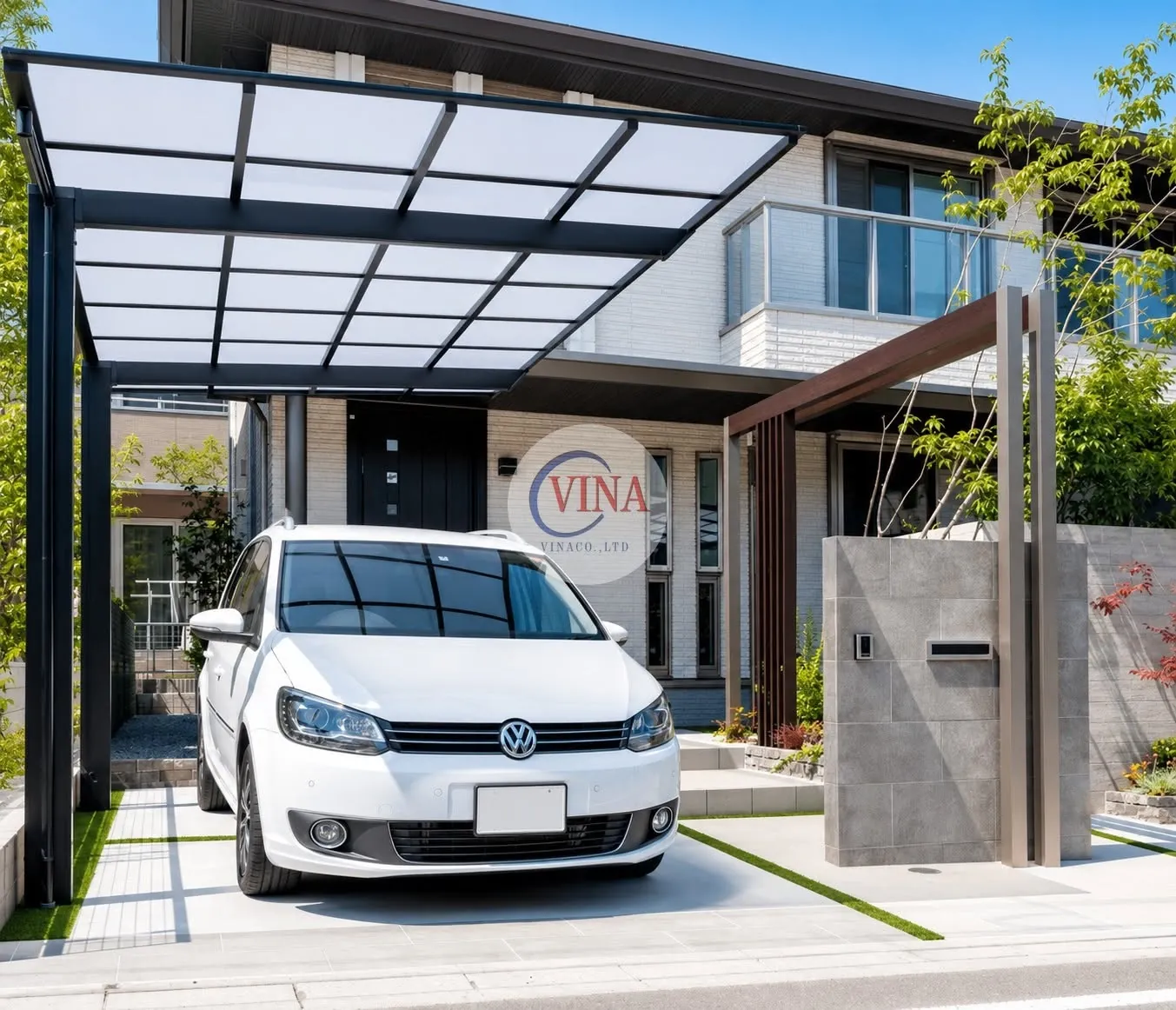 Mái che nhà xe ô tô liền nhà kiểu hiện đại, khung nhôm màu ghi, tấm lợp polycarbonate