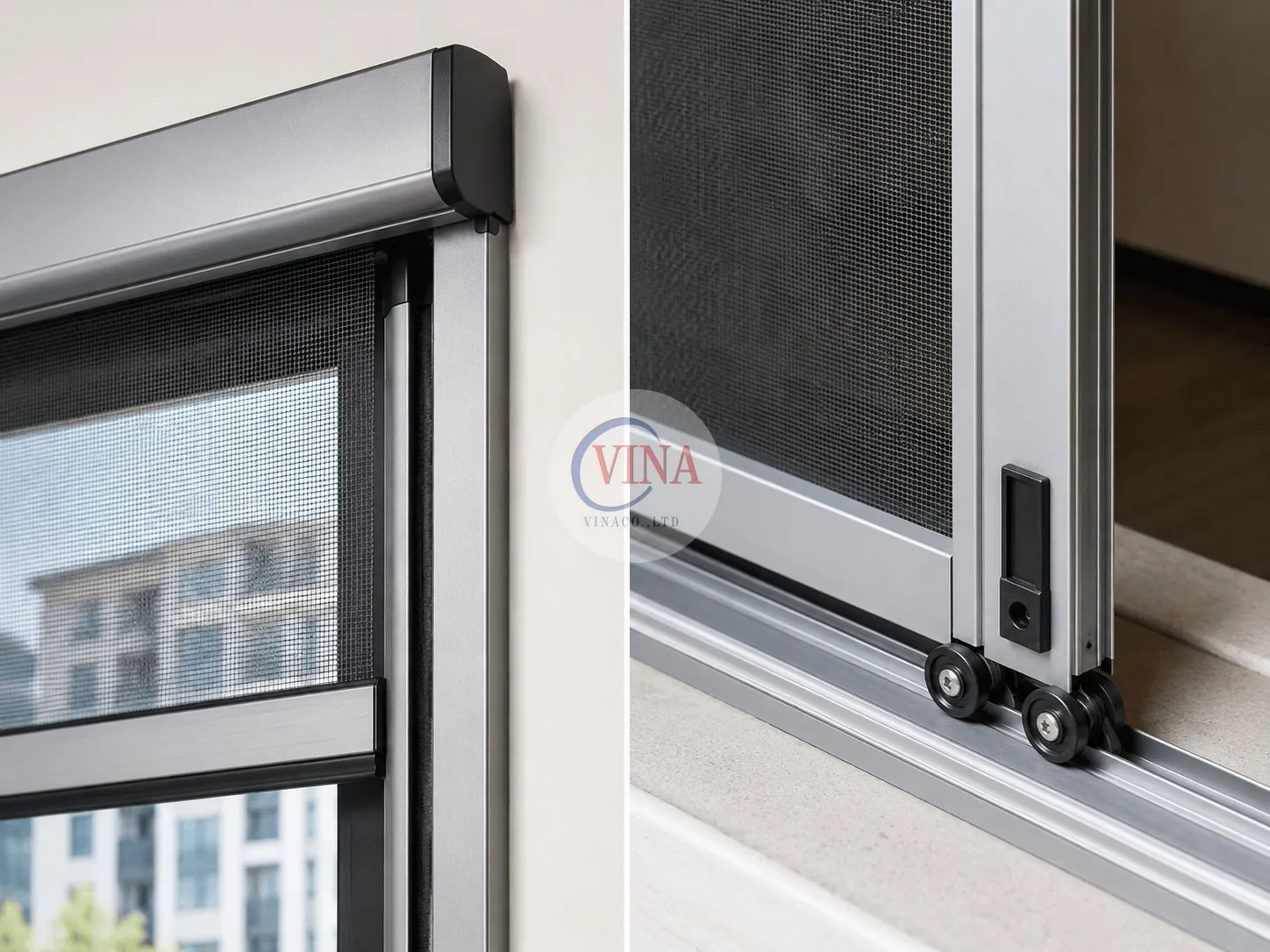 So sánh cơ chế cửa lưới tự cuốn (hộp cuốn, ray dẫn hướng) và dạng lùa (bánh xe, ray trượt ngang)