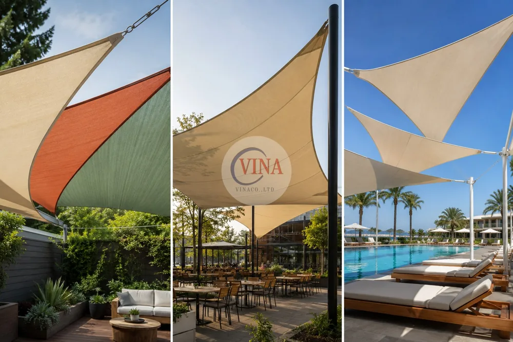 Bạt căng - mái che cánh buồm ứng dụng tại sân vườn, quán cà phê và hồ bơi resort