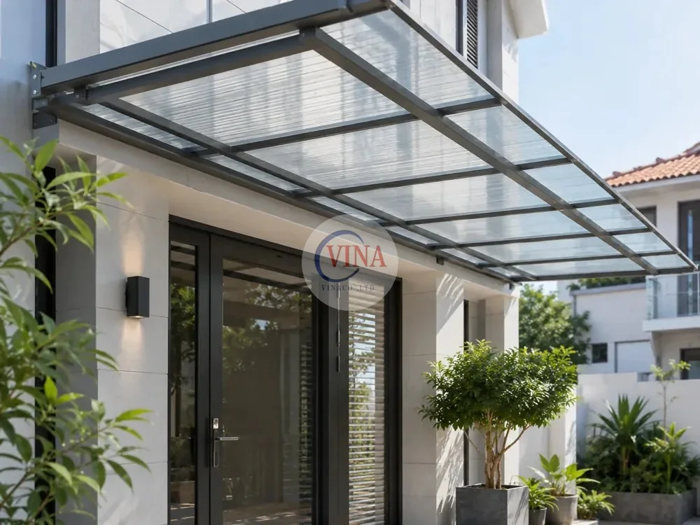 Mái che canopy tấm polycarbonate lắp cố định trên lối vào nhà