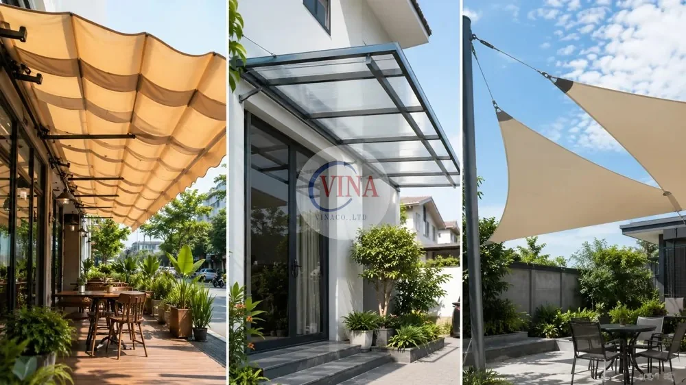 So sánh mái xếp lượn sóng, mái che canopy và bạt căng cánh buồm đặt cạnh nhau