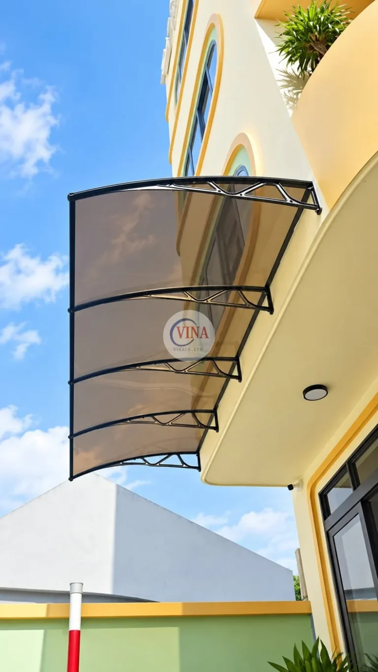 Góc nghiêng: tấm polycarbonate nâu khói uốn cong theo tay đỡ đen, vươn ra ngoài mép sảnh bo cong.