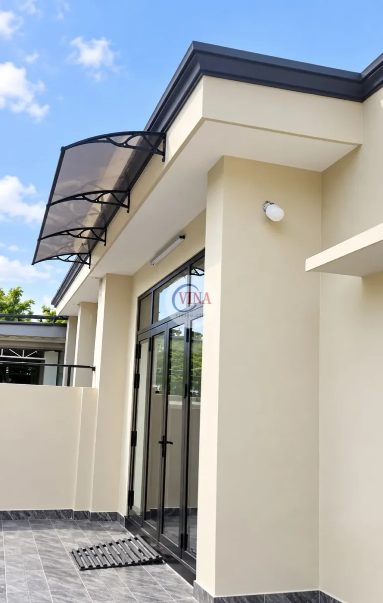 Nhìn từ sân lát gạch: mái che vươn ra phía trên lối cửa kính khung đen, tấm nâu trà vẫn cho thấy bầu trời phía sau.